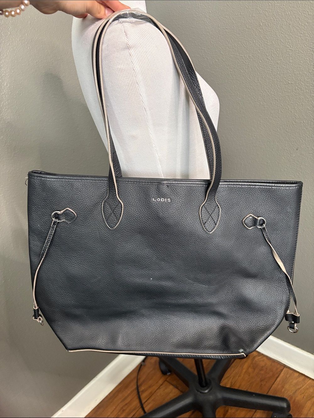 Lodis Black Pebbled Leather Tote with Contrast Trim
